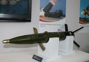写真・図版 : 中国・人民解放軍が採用しているノリンコ社のレーザー誘導方式の155ミリ砲弾＝筆者撮影（SOFEX2012にて）