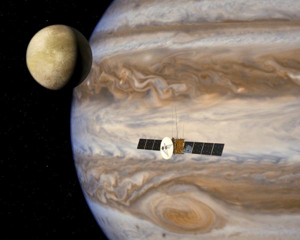 写真・図版 : JUICE木星探査機（２０２２年打ち上げ）の想像図。欧州宇宙機関提供（©ESA/AOES）＊

