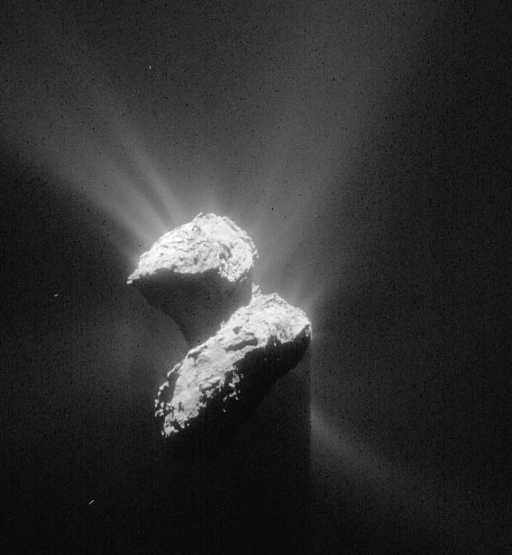 写真・図版 : ナビゲーション用カメラで捉えたチュリュモフ・ゲラシメンコ彗星からのガス噴出。６月５日、208kmの距離から撮影＝欧州宇宙機関提供