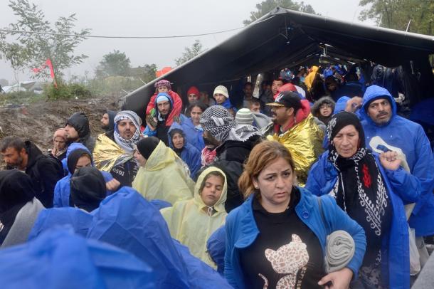 セルビア北西部ベルカソボの国境地帯。雨の中、ぬかるむ畑はクロアチアへの入国を待つ人たちでごった返した＝１９日