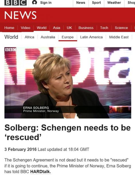 写真・図版 : ノルウェー首相はシェンゲン協定は死んでいないという（BBCニュースのサイトより）