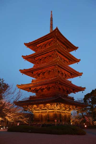 文化庁の移転決定を受け、文化庁カラーの朱色にライトアップされた東寺の五重塔＝2016年3月22日、京都市南区