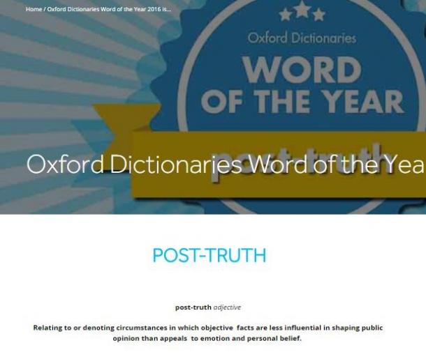 写真・図版 : オックスフォード出版局は「ポスト・トゥルース」を2016年の言葉として選んだ(ウェブサイトより）