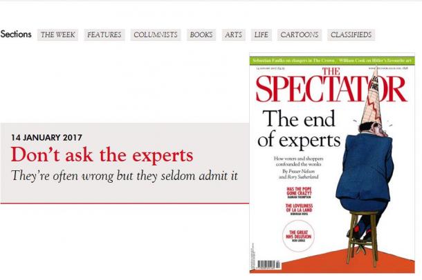 写真・図版 : 保守系週刊誌「スペクテーター」（1月14日号）は「専門家の終焉」をトップ記事にした（ウェブサイトより）