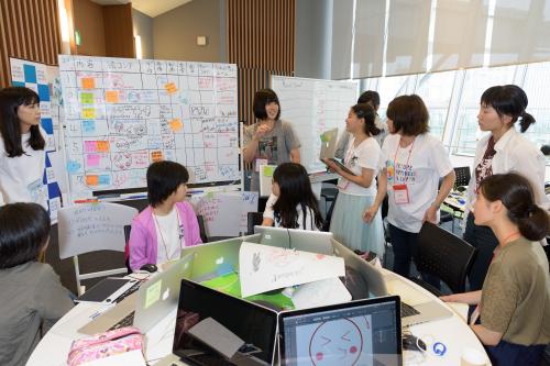写真・図版 : アジア太平洋地域の６つの科学館と日本科学未来館が連携して実施した「幸せってなんだろう？」のワークショップ。未来館の地球ディスプレイ「ジオ・コスモス」に映し出す映像作品を日本と海外の中高生が協力して作った＝2017年7月24日、日本科学未来館提供