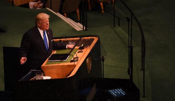 国連総会の一般討論で演説する米国のトランプ大統領＝9月19日午前、米ニューヨークの国連本部