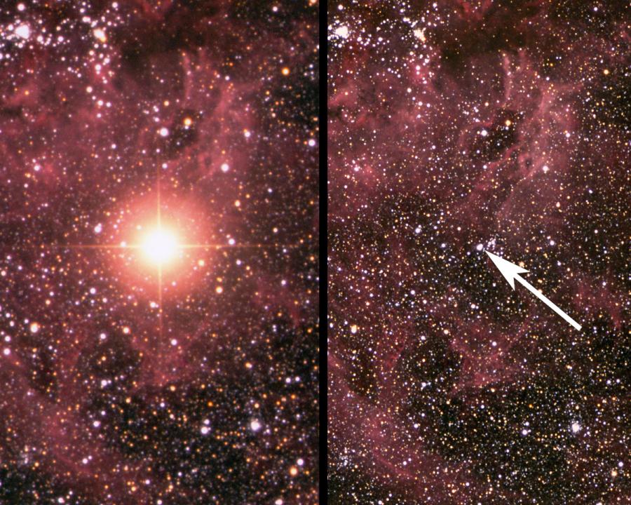 写真・図版 : 大マゼラン星雲で1987年に発生した超新星爆発。右が爆発前＝アングロオーストラリア天文台、Daved Malin氏撮影