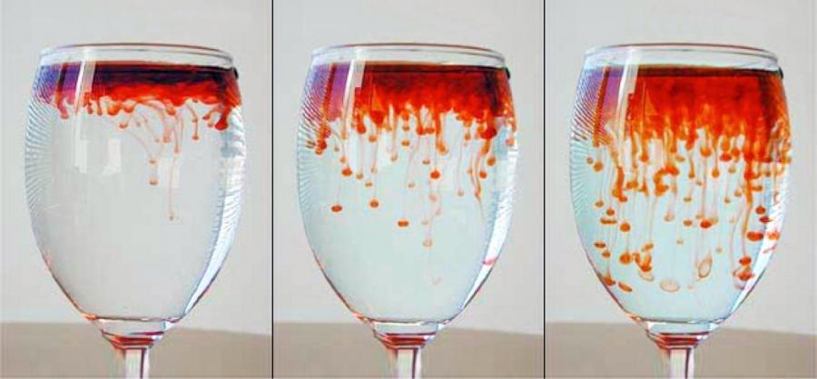 写真・図版 : 水の表面に赤ワインをゆっくり注いだ実験写真＝米物理学会、James Riordon氏撮影