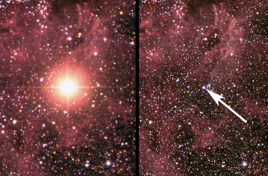 写真・図版 : 大マゼラン星雲で1987年に発生した超新星爆発。右が爆発前＝アングロオーストラリア天文台、Daved Malin氏撮影