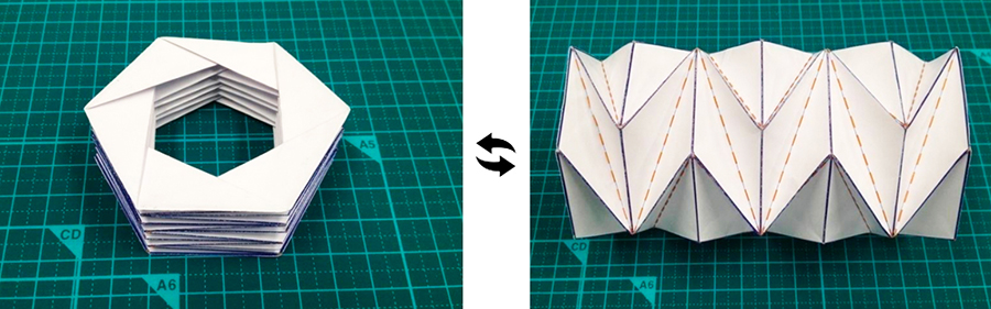 写真・図版 : 図1：反転らせん型折り紙構造（Reversed Spiral Cylindrical Origami Structure ;RSO）