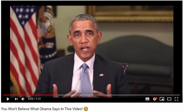 写真・図版 : オバマ前大統領の「ディープフェイク」映像（YouTubeより。https://www.youtube.com/watch?v=cQ54GDm1eL0）
