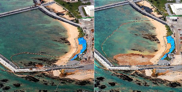 12月14日、土砂の投入が始まった米軍キャンプ・シュワブの沿岸部。21日、土砂投入から一週間。大量の土砂が投入され海の色も茶色く濁っていた＝沖縄県名護市