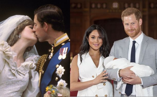写真・図版 : 1981年、チャールズ皇太子と結婚したダイアナ妃（写真左）。生まれた子どもを抱くハリー王子とメーガン妃（写真右）＝AP