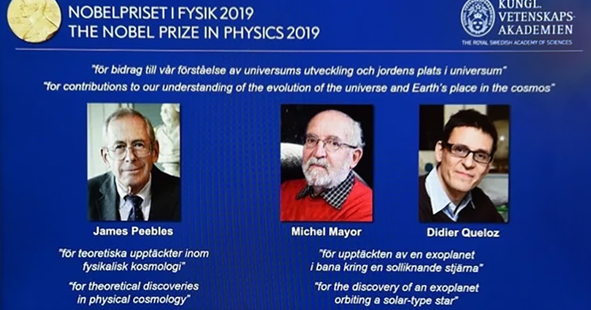 写真・図版 : 2019年のノーベル物理学賞に決まった3人。（ノーベル財団の発表映像から）
