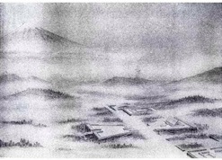 写真・図版 : 太平洋戦争の只中の昭和17年（1942）、日本建築学会が開催したコンペ「大東亜建設記念造営計画」に丹下が応募、第1位となった概念図
