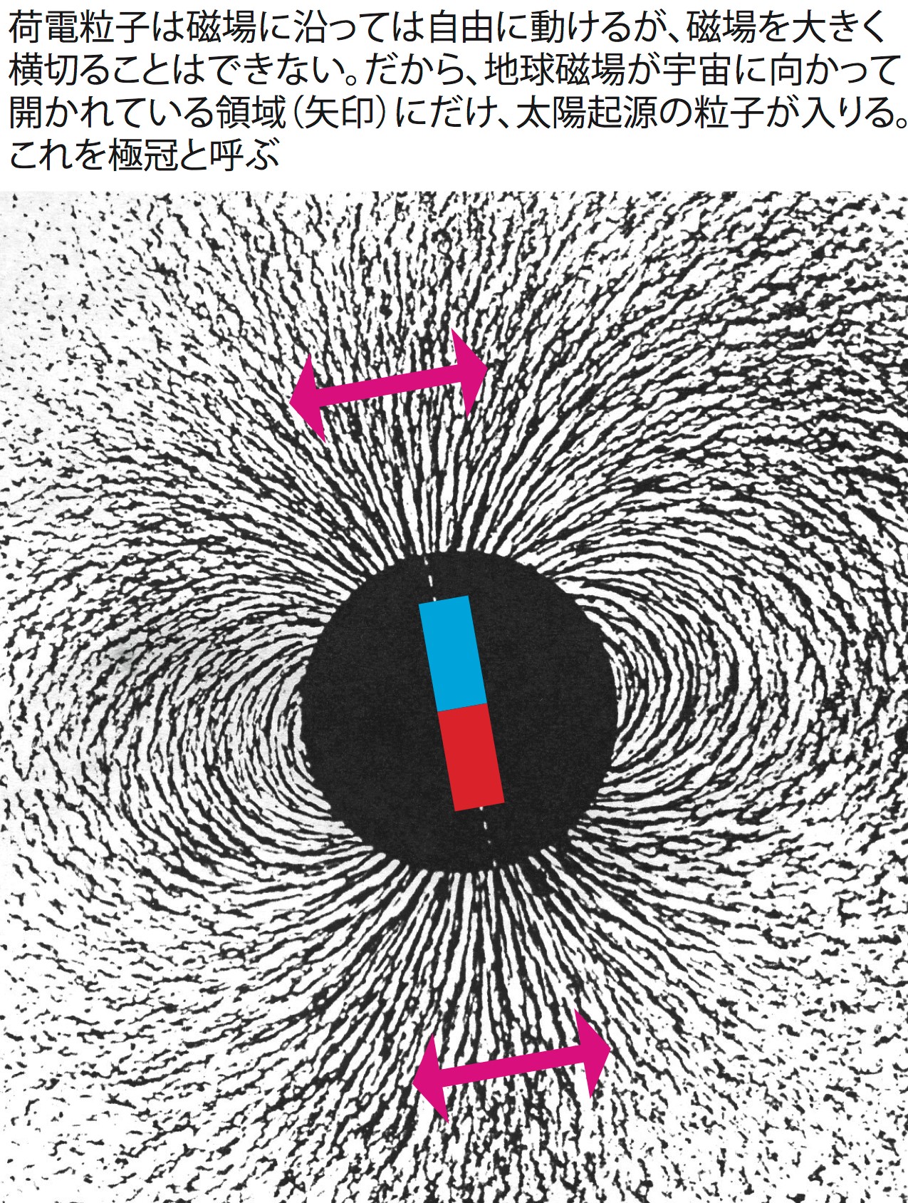 写真・図版 : 地球磁場（砂鉄に見られる磁場の向きのパターン）において、宇宙線の入りやすい領域（S. チャップマン & J. バーテルス『地磁気』、1940年に著者が加筆）