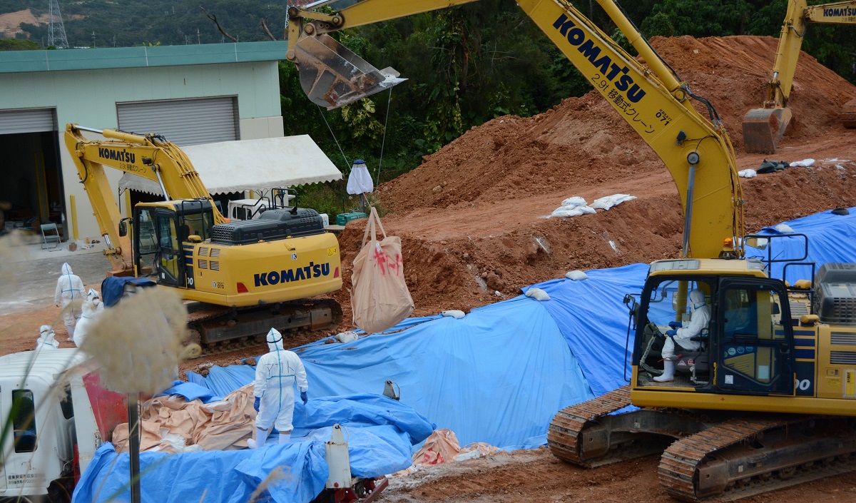 写真・図版 : 豚コレラの発生で、処分された豚が埋却される=2020年1月9日、沖縄県うるま市