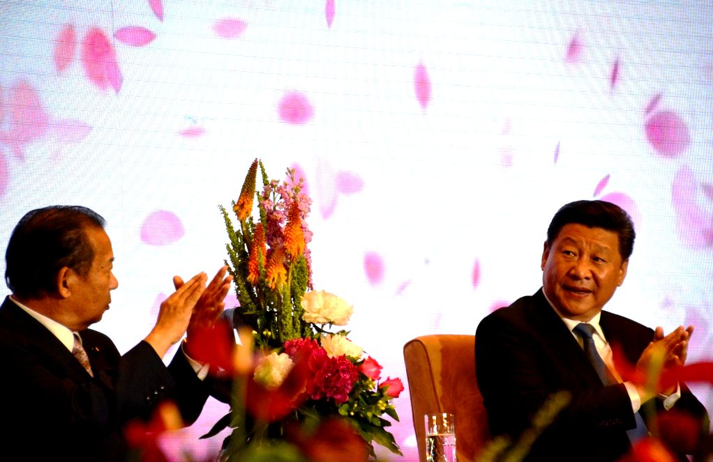 写真・図版 : 「日中友好交流の夕べ」に出席する習近平国家主席（右）と二階俊博氏＝2015年5月23日、北京