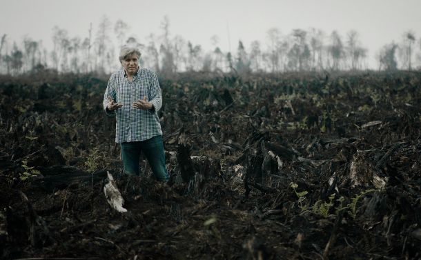 写真・図版 : インドネシア、スマトラ島。アブラヤシ農園拡大のために焼かれた熱帯雨林に立つ『グリーン・ライ ～エコの嘘～』のブーテ監督©e&a film