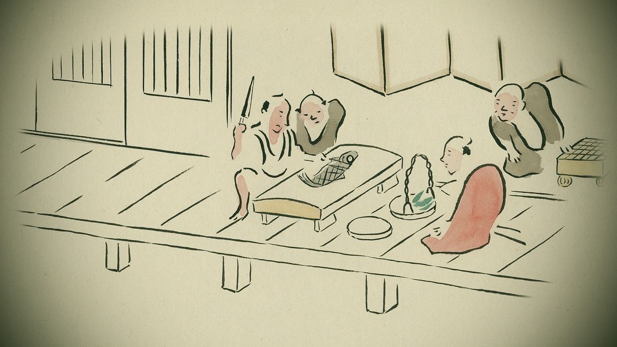 写真・図版 : 『ゆめみのえ』で、鯉になったケイサイが食べられそうになる場面。前に掲載した『雨月物語』の挿絵を踏襲する＝© Yamamura Animation