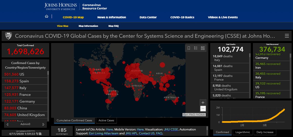 写真・図版 : 米国ジョンズ・ホプキンス大学システム科学工学センターが毎日更新する世界各国の新型コロナウイルスの感染状況を示す地図（Johns Hopkins Coronavirus Resource Centerのサイトから）