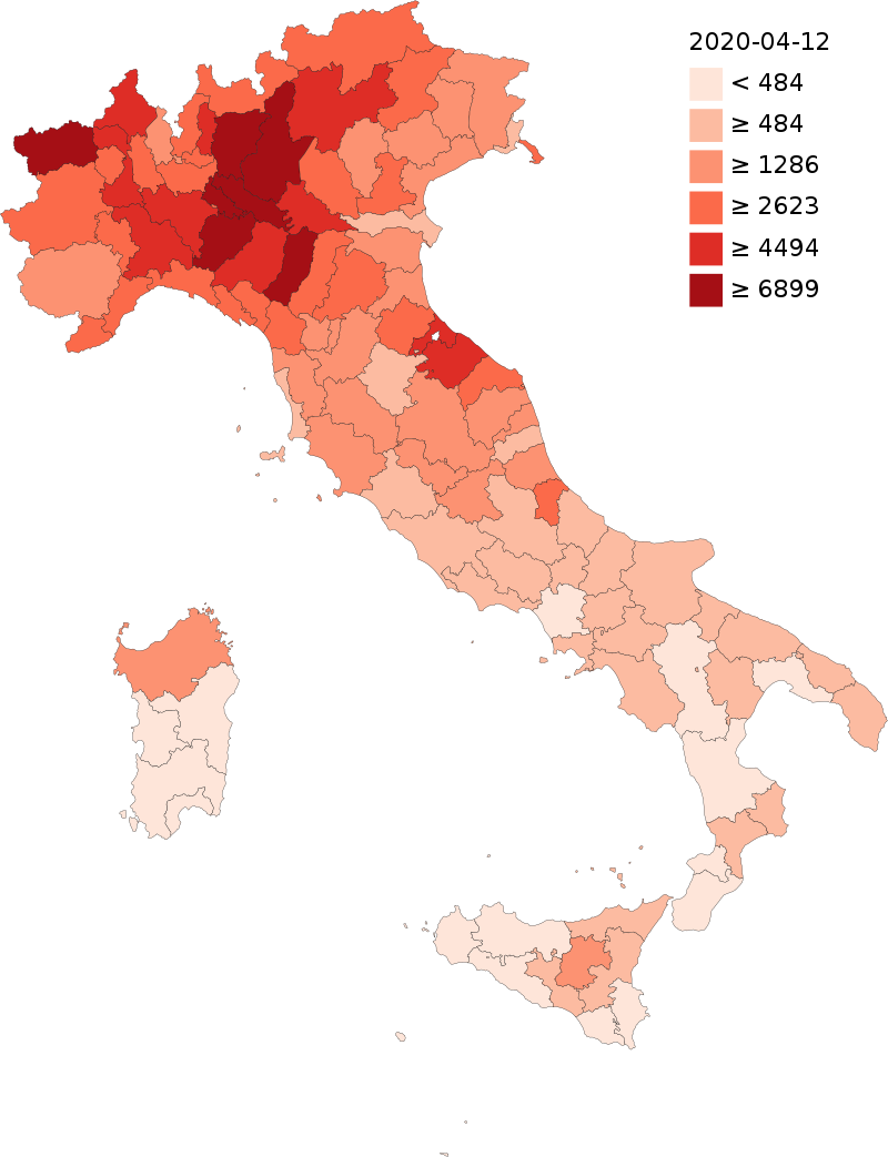 写真・図版 : イタリアの地域ごとの感染率＝wikipediay