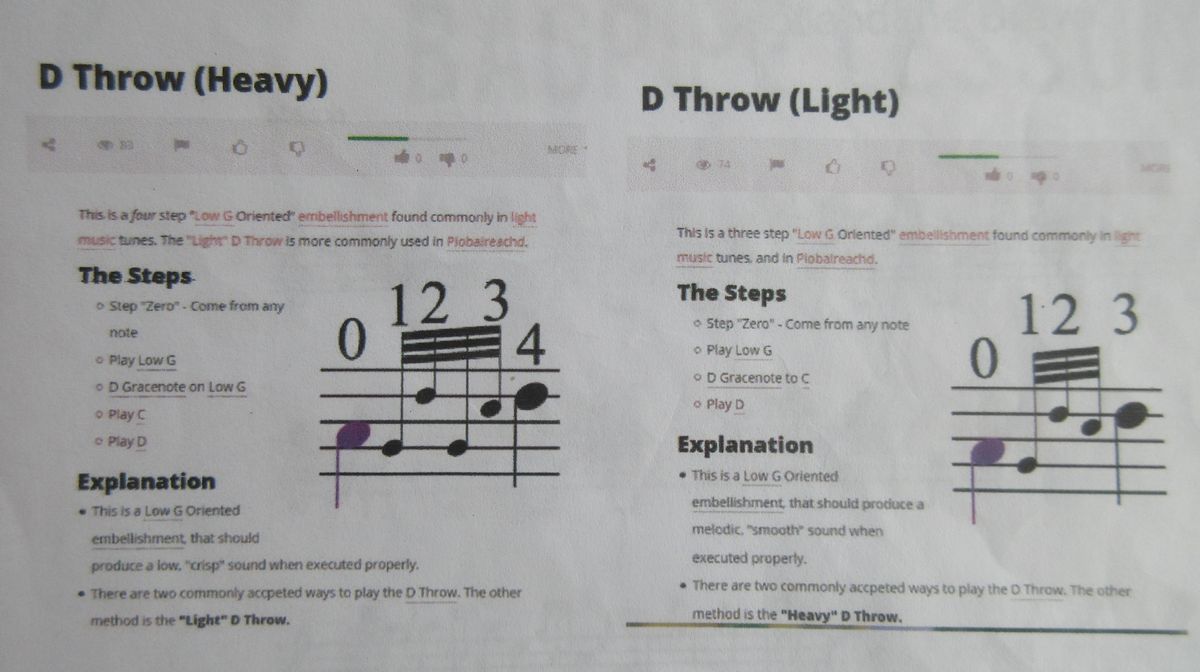装飾音の簡素化の例。「Dスロー」について、伝統的な演奏の音符（左）と簡素化した音符（右）