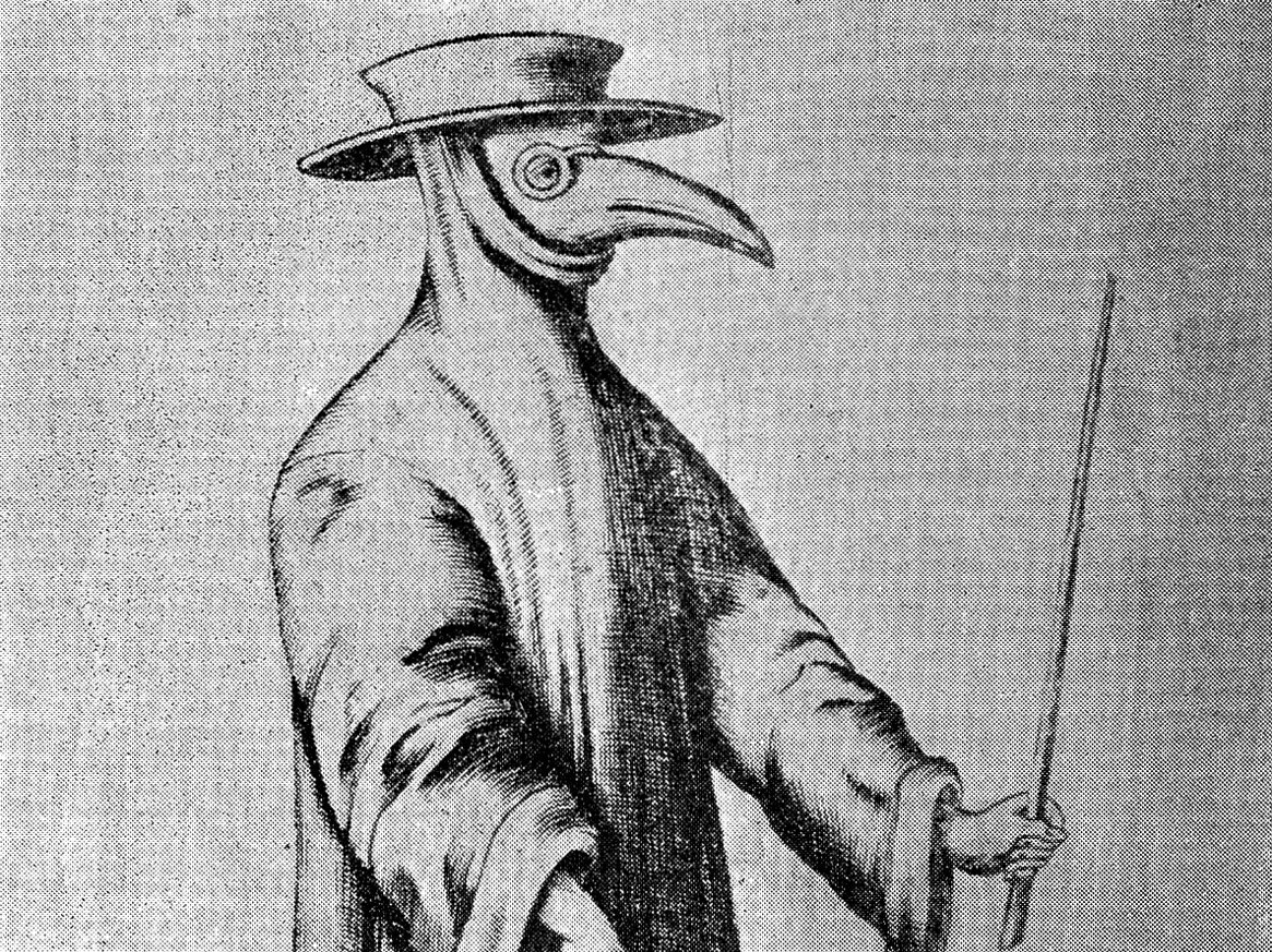 写真・図版 : 中世欧州で患者の治療にあたった医者の姿。鳥のくちばしのようなマスクや長いコートを着て感染を防ごうとした=英ウェルカム・コレクションから
