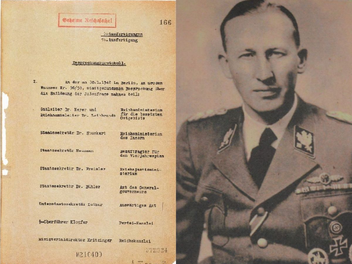写真・図版 : （左）1942年1月にナチスが「ユダヤ人問題の最終解決」のために開いたヴァンゼー会議の議事録、（右）SSの国家保安本部長官ハイドリヒ＝ヴァンゼー会議の史料館のサイトや展示より