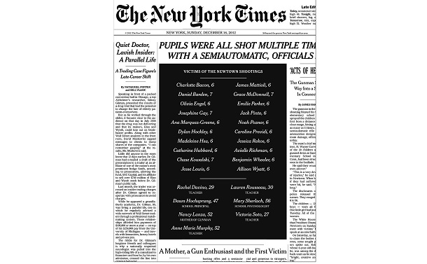 写真・図版 : 銃の犠牲になった子どもたちや教職員の姓名、年齢が並ぶニューヨーク・タイムズの2012年12月16日付1面