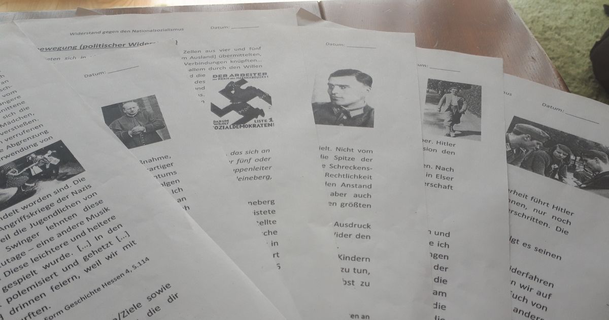 写真・図版 : ドイツで参観した歴史の授業で配られた、ナチス政権に抵抗した６つの実例を説明する資料=藤田撮影