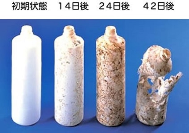 写真・図版 : 土壌中の生分解性プラ・ボトルの変化＝日本バイオプラスチック協会HPより