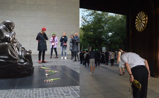 写真・図版 : （左）ドイツの国立追悼施設「ノイエ・ヴァッヘ」=2月、ベルリン。（右）終戦の日の靖国神社=8月、東京・九段北。いずれも藤田撮影