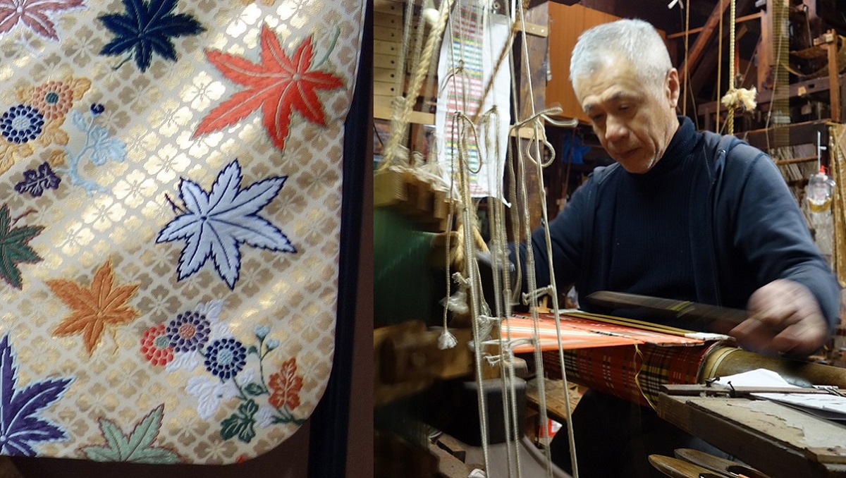 写真・図版 : 佐々木能衣装の代表、佐々木洋次さんと製作された唐織（部分）
