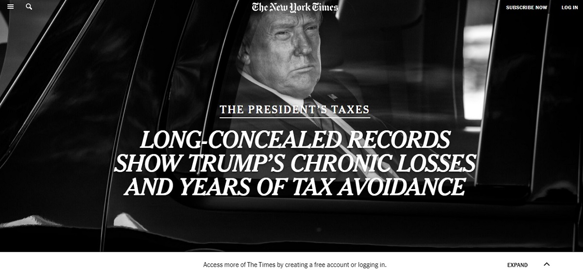 写真・図版 : トランプ大統領の所得税未払いなどについて報じたニューヨーク・タイムズのサイト