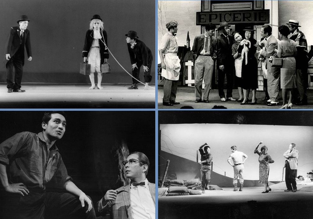 写真・図版 : 1960年代にアトリエで上演された前衛的な作品。㊧㊤ベケット『ゴドーを待ちながら』（安堂信也演出、60年）、㊨㊤イヨネスコ『犀』（荒川哲生演出、60年）、㊧㊦オールビー『動物園物語』（荒川哲生演出、62年）、㊨㊦アラバール『戦場のピクニック』（長岡輝子演出、65年）