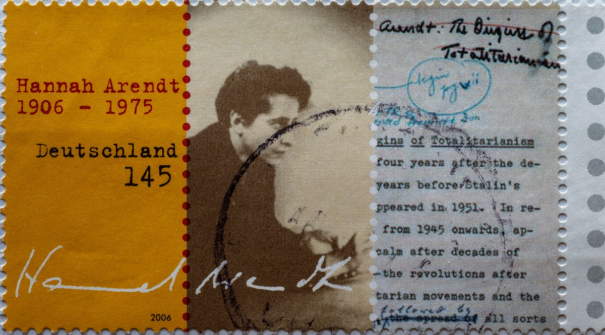 2006: a postage stamp printed in Germany showing a portrait and writings on the 100th birthday of political theorist and publicist Hannah Arendt