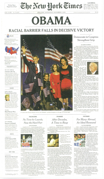 写真・図版 : オバマ当選を伝えるニューヨークタイムズ紙の1面=2008年11月5日