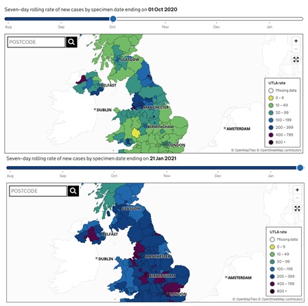 写真・図版 : 英国の感染状況。地域の新規感染者数の7日間平均を人口10万人当たりで示した。色が濃いほど多い。上は2020年10月1日、下は2021年1月21日。感染状況が悪化したのが一目でわかる。