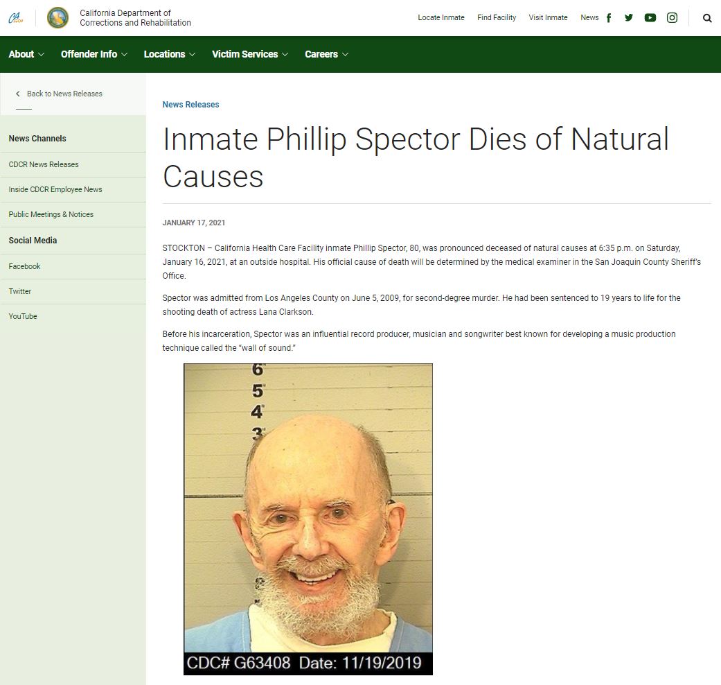フィル・スペクターさんの死去を発表した米カリフォルニア州更生・矯正局のホームページ 