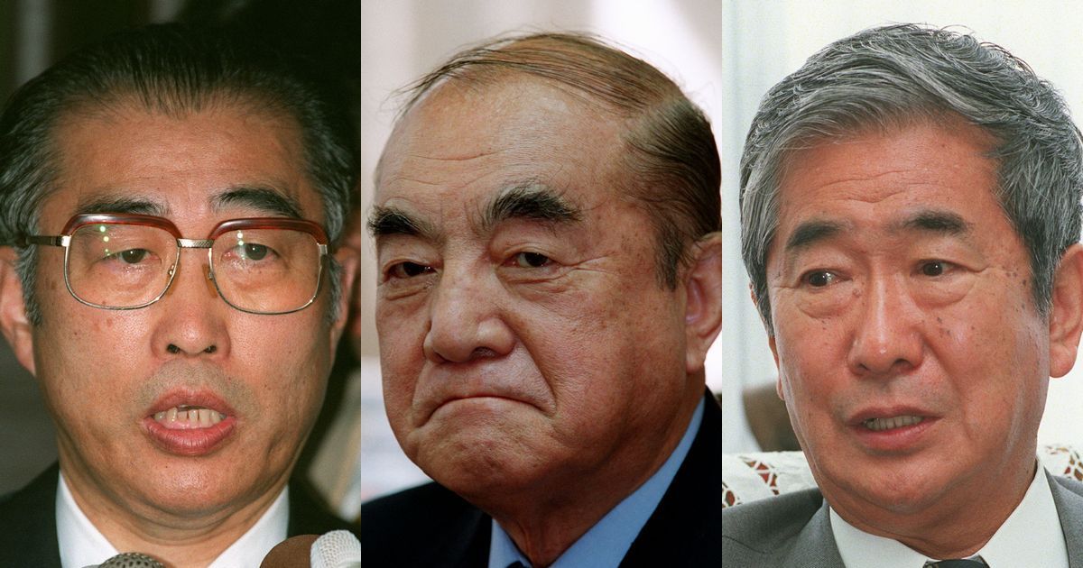 写真・図版 : 左から1998～99年の小渕首相、中曽根元首相、石原東京都知事＝朝日新聞社