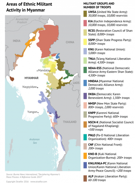 ミャンマー少数民族武装組織の勢力図　出典 https://globalriskinsights.com/2017/03/aung-san-suu-kyi-honeymoon-over/myanmar-ethnic-militant-map-v2-2/