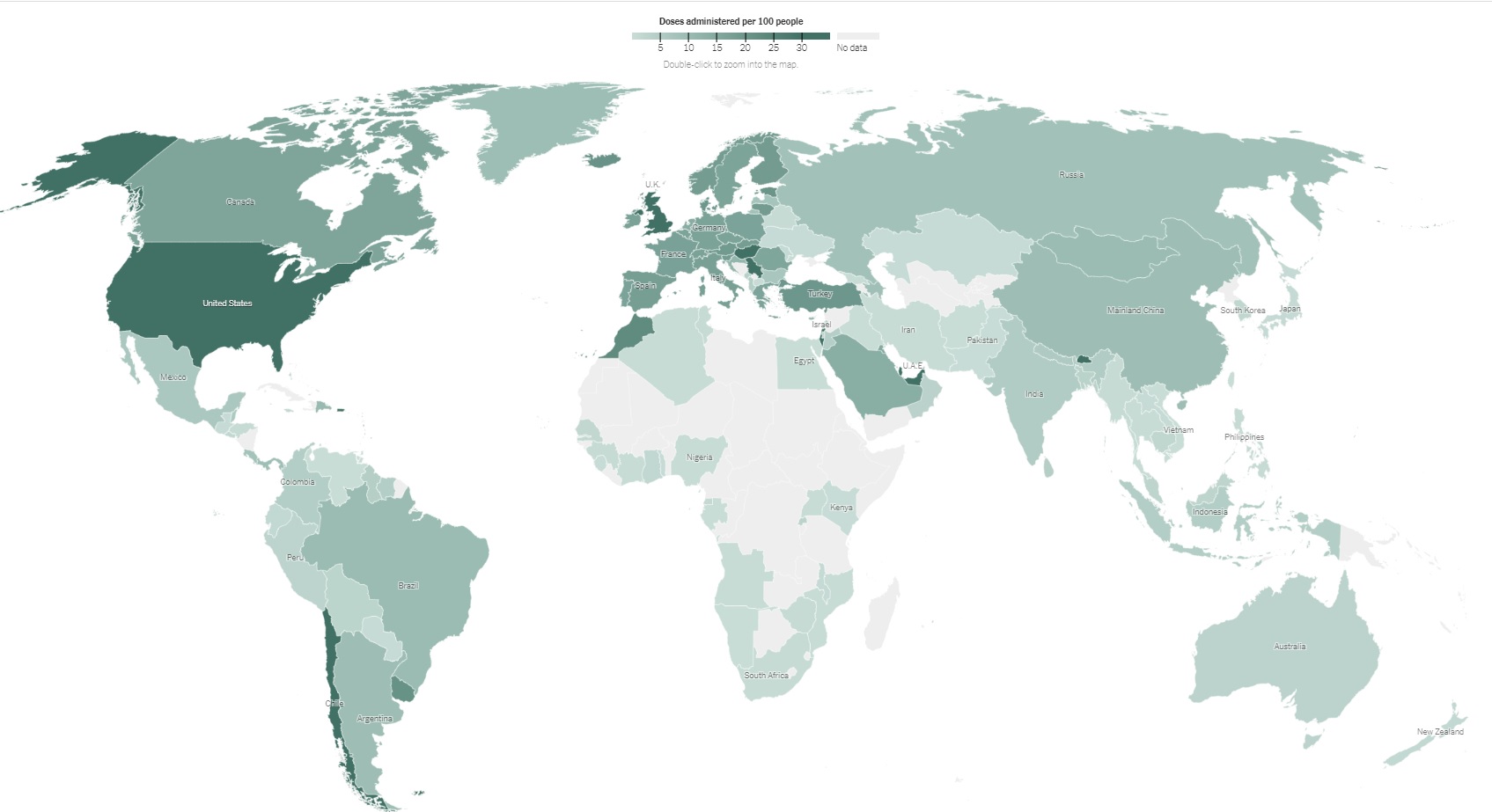 写真・図版 : コロナワクチン接種者の人口に占める割合は国よってかなり違う。色の濃い国ほど高い（グレーの国はデータなし）。ワクチンを1回接種した人の割合は、4月2日時点でイスラエルは59％、日本は0.7％。