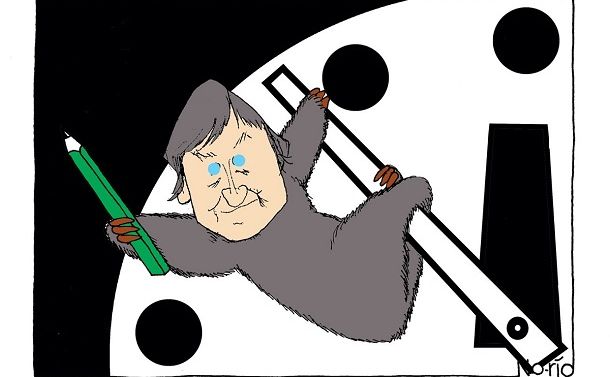 写真・図版 : 2021年4月、ルモンドの漫画家プランチュが、漫画家50周年を記念して出版した本に筆者が描いた漫画。終末時計の針にしがみついて、時計の進行を遅らせている。