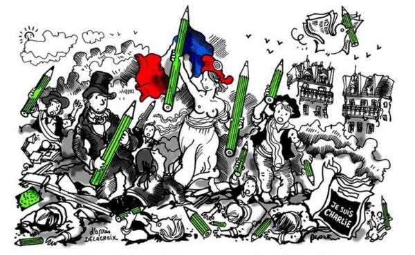 写真・図版 : ドラクロワの絵を下敷きにしたプランチュの漫画「民衆を導く漫画の女神」