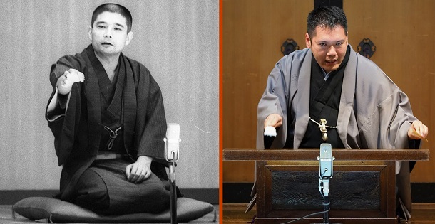 写真・図版 : ㊧落語。人間国宝、柳家小三治の1977年の高座。㊨講談。今をときめく神田伯山。撮影時（2018年）の名前は松之丞。