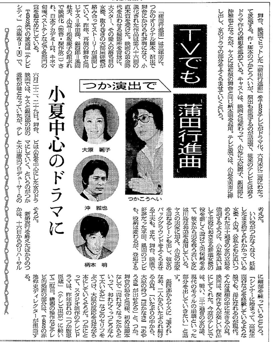 写真・図版 : TBSドラマ『蒲田行進曲』の制作を紹介した朝日新聞の記事（1983年5月16日付夕刊）