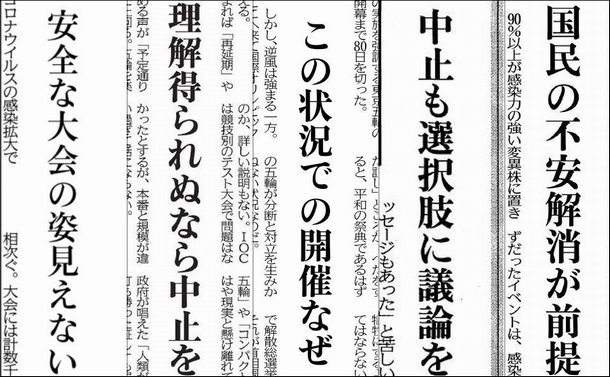 写真・図版 : 東京五輪開催に疑義や中止を唱える地方紙各紙の社説の見出し