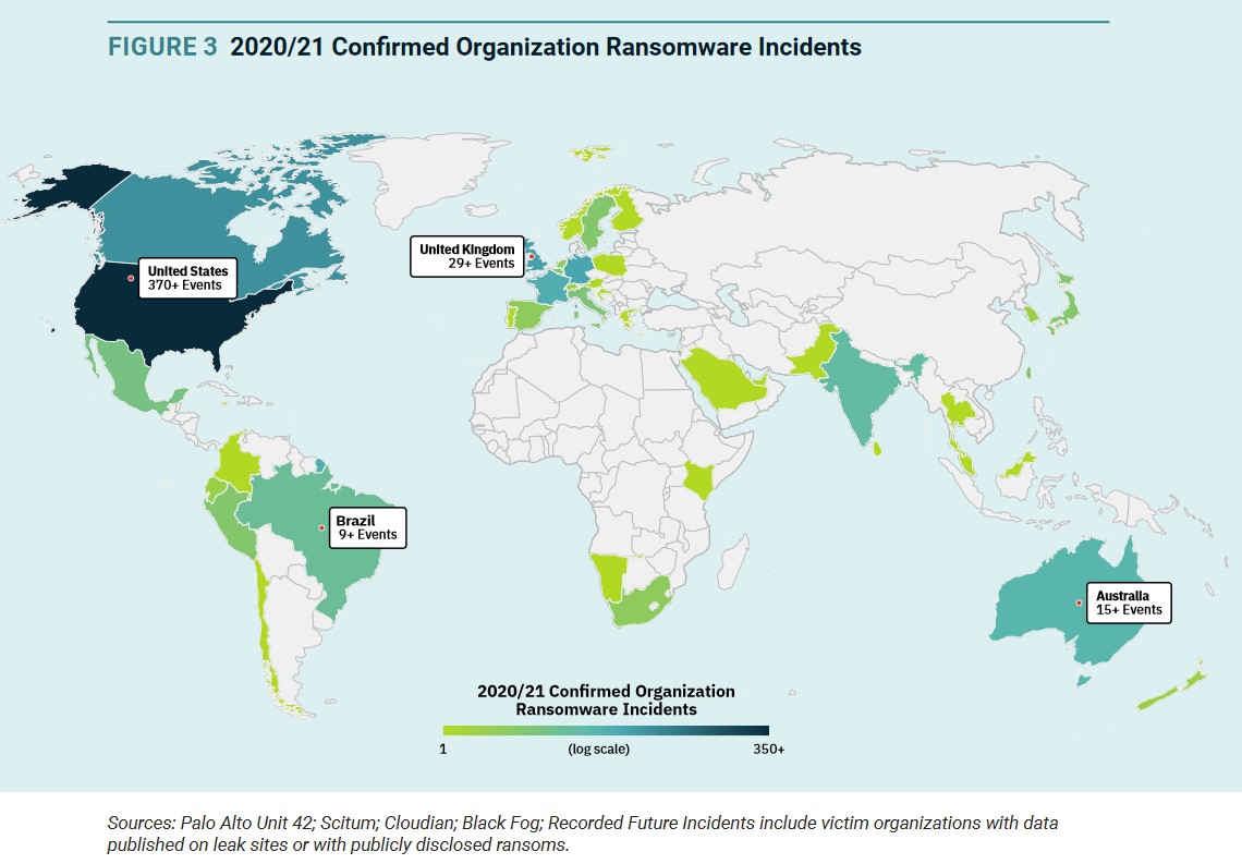 写真・図版 : 図4　2020年から2021年にかけてランサムウェア攻撃による事件が確認された国別件数　（出所）Combating Ransomware, A Comprehensive Framework for Action: Key Recommendations from the Ransomware Task Force, Institute for Security and Technology, 2021, p. 15.
