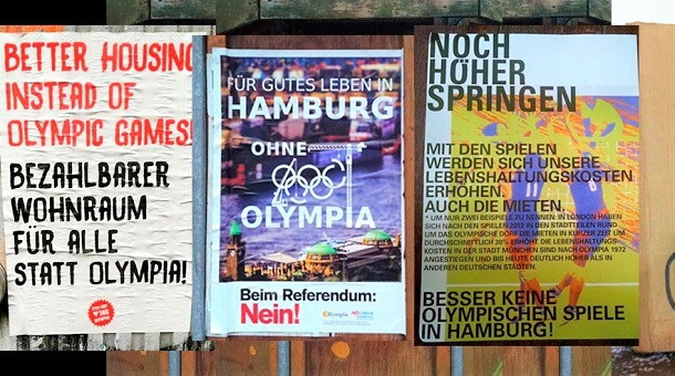 開催反対を訴えるハンブルクの市民グループ Nolympia-Hamburg  がSNSで拡散した写真。街中に張り出されているポスターで、「五輪より住宅を」といった書き込みも
